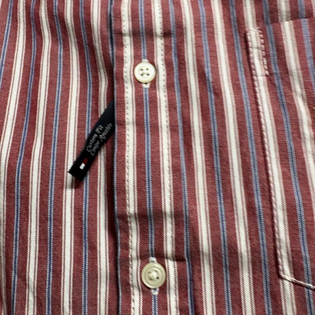 Tommy Hilfiger Shirt Mens Medium Red White Striped Custom Fit Crest Logo Long