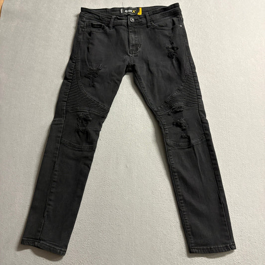 RAW X Mens Biker Jeans 32x30 Black Moto Distressed Rip & Repair Skinny Stretch