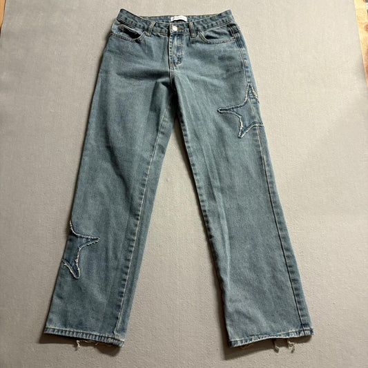 Angel Kiss Star Patch Jeans Womens Size 3/26 Blue Denim Straight Leg Raw Hem