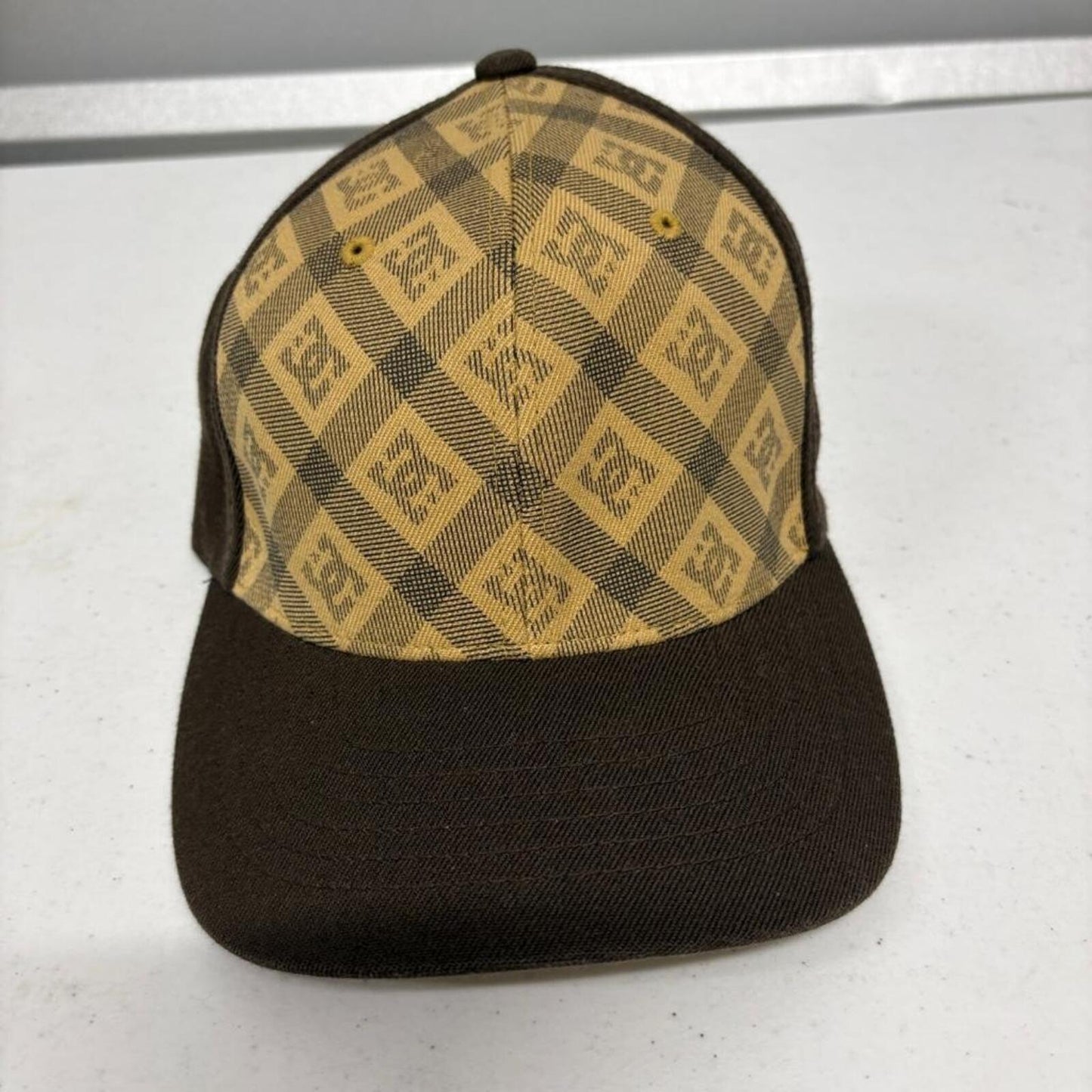 DC Shoes Flexfit Hat Mens S/M Brown All Over Print Monogram Baseball Cap