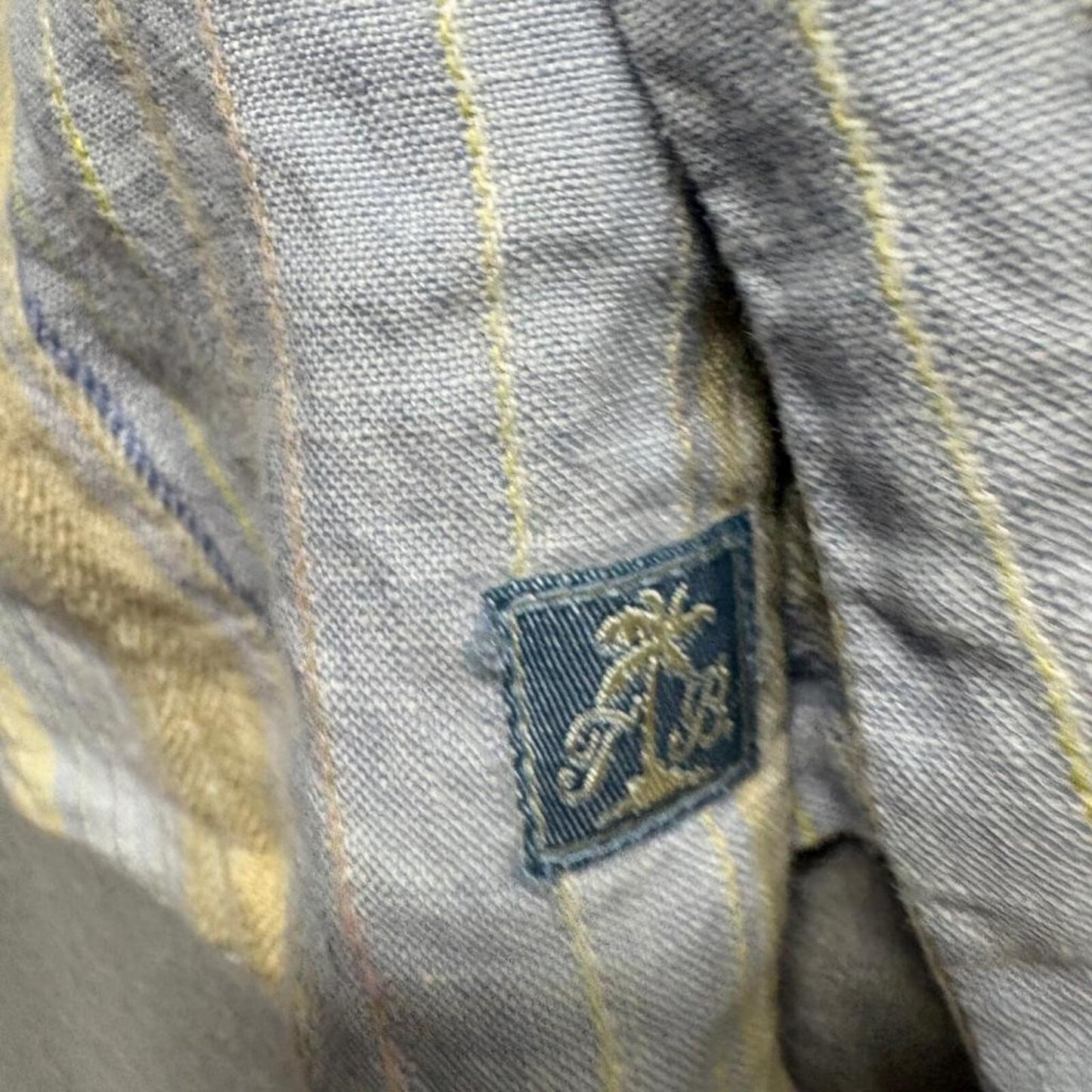 Tommy Bahama Shirt Mens Medium Blue Yellow Striped 100% Linen Short Sleeve