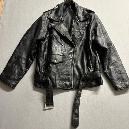 Vintage Patchwork Leather Motorcycle Jacket Mens XL Black Belted Biker Punk