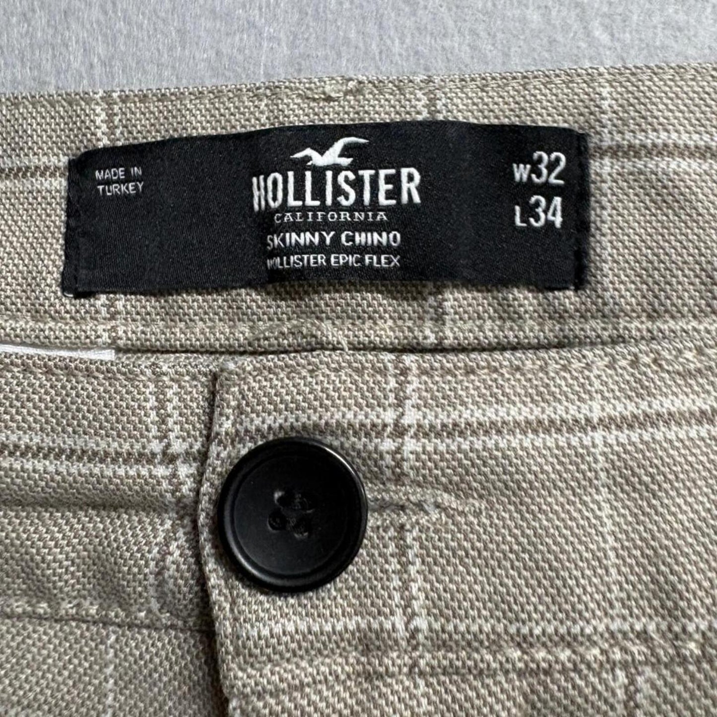 Hollister Epic Flex Skinny Chino Pants Mens 32x34 Beige Plaid Check Trousers