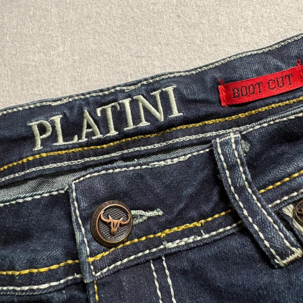 Platini Boot Cut Jeans Mens Size 11 Blue Distressed Thick Stitch Embroidered