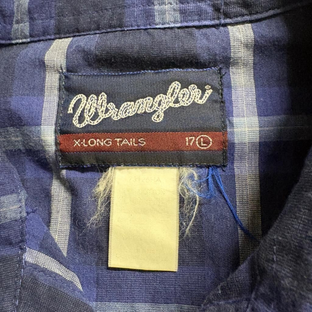 Wrangler Western Shirt Mens Large Blue Plaid Short Sleeve Pearl Snap X-Long