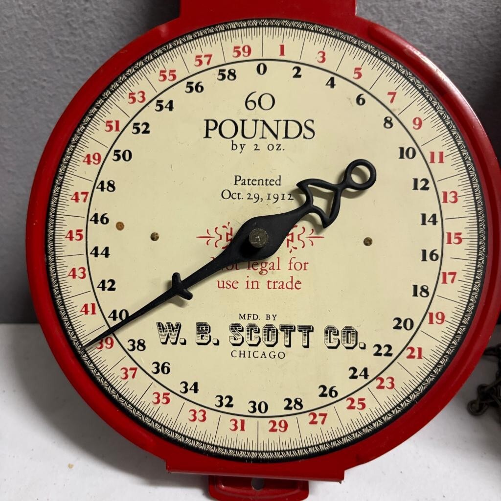 Vintage W B Scott Co Chicago 60 Lb Hanging Scale Red Metal Scoop Pan Pat 1912