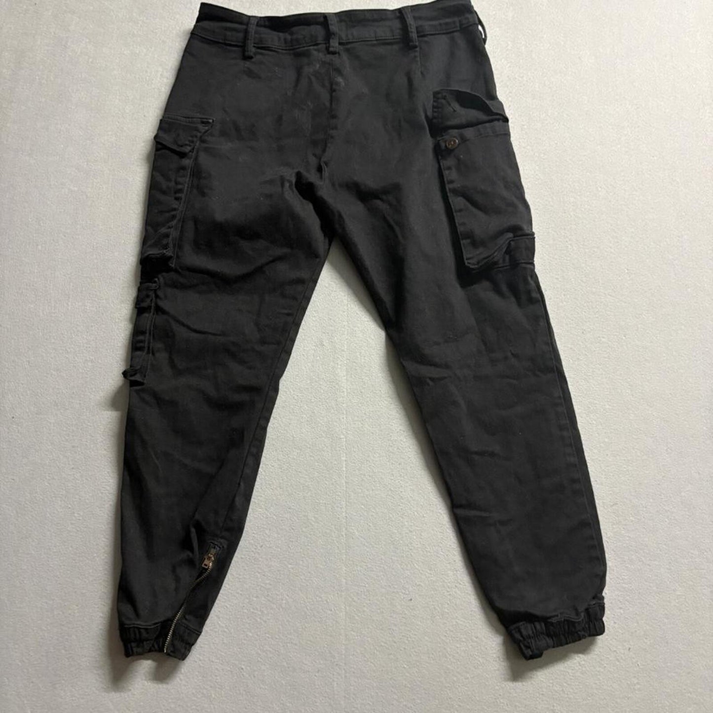 Fashion Nova Mens Cargo Jogger Pants Large Black Ankle Zip Stretch Cotton Blend