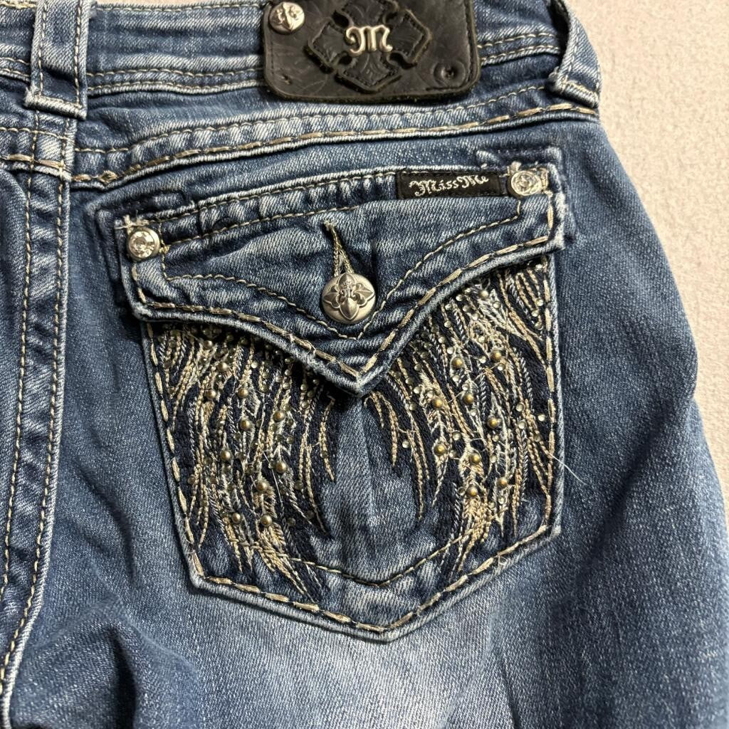 Miss Me Angel Wing Straight Jeans Womens 28 Blue Denim Embellished Flap Pocket