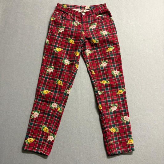 Vintage Gap Denim Plaid Floral Jeans Womens 26 Red Tartan Rose Print 90s