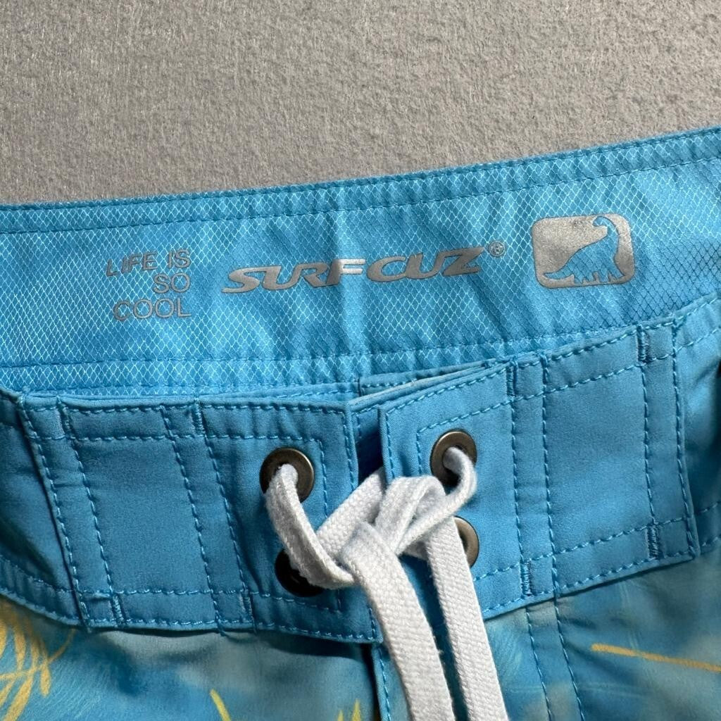 Surfcuz Board Shorts Mens 36 Blue Yellow Palm Leaf Print Swim Trunks Pockets
