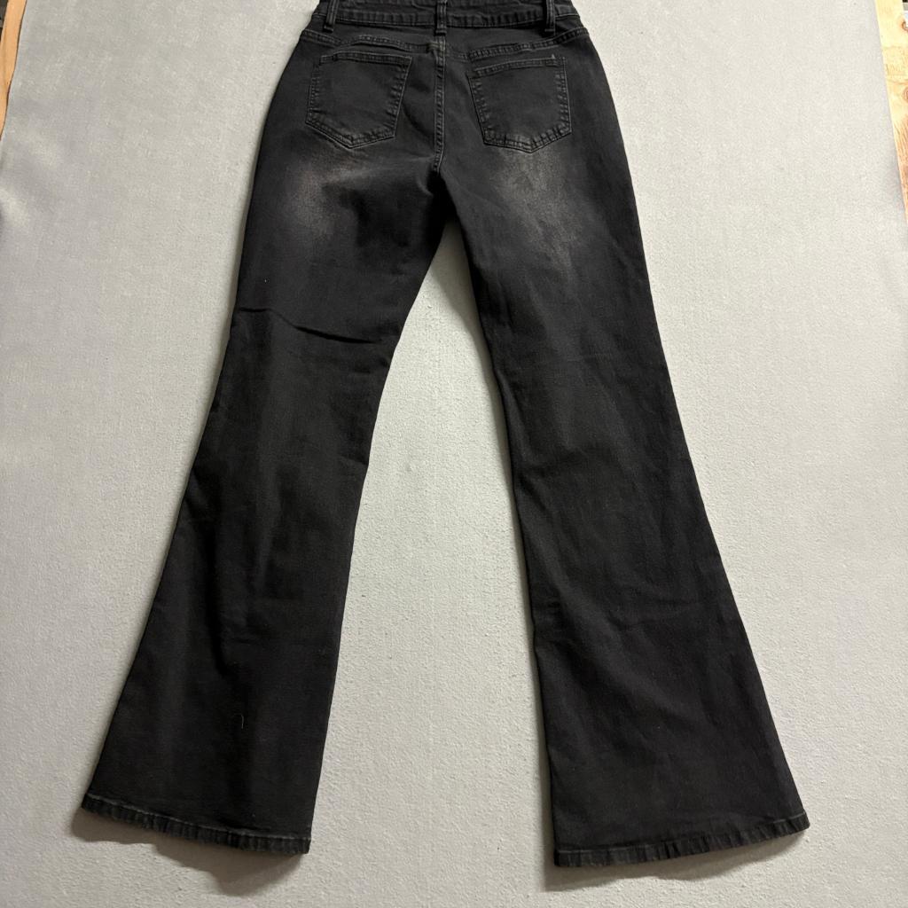 Shein Women Studded Flare Jeans Black Denim Size 30 High Rise Y2K Boho Stretch