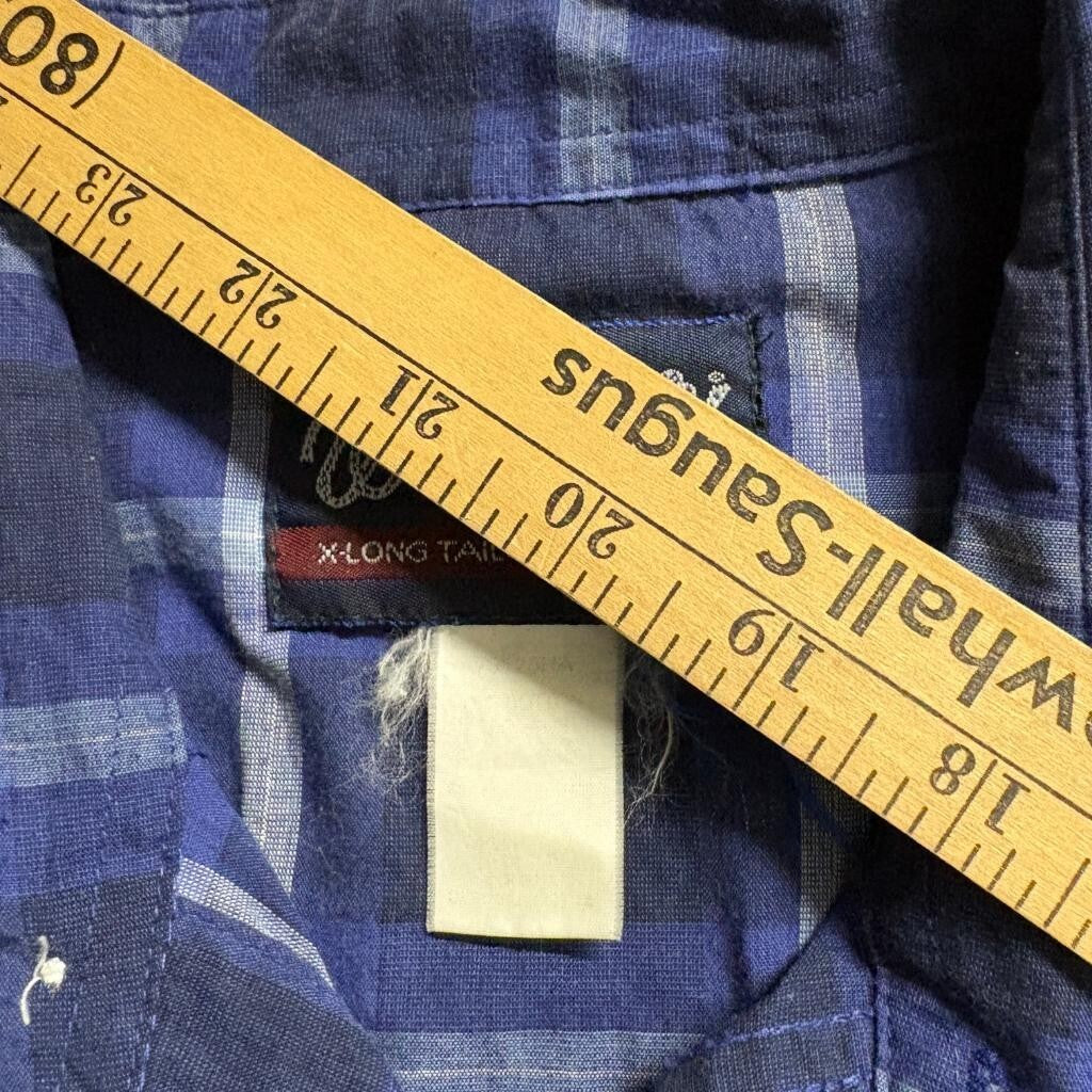 Wrangler Western Shirt Mens Large Blue Plaid Short Sleeve Pearl Snap X-Long