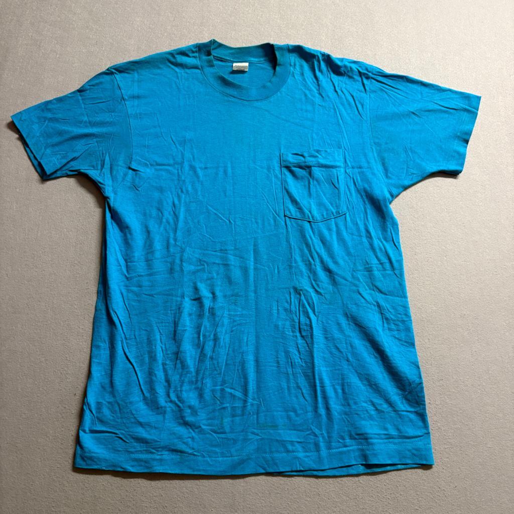 Vintage Fruit of the Loom Pocket T-Shirt Mens XL Blue Blank Single Stitch USA