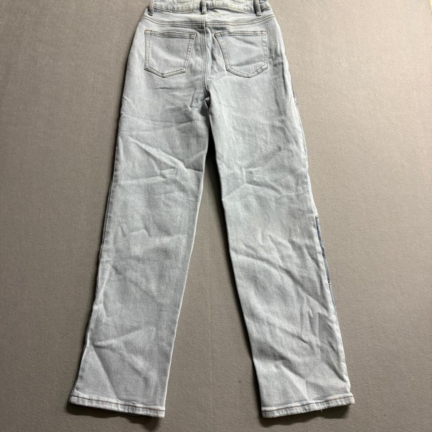 Almost Famous Colorblock Patchwork Jeans Womens Size 1 Blue High Rise Straight
