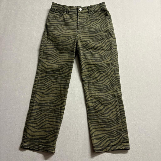 Express Jeans Womens 8 Green Zebra Print Straight Leg Super High Rise Denim
