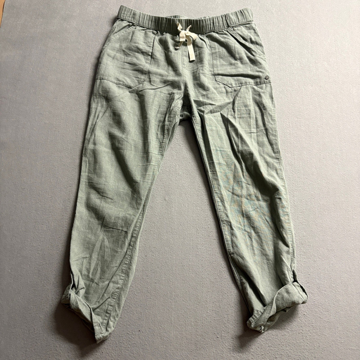 Roxy Linen Blend Pants Womens Large Green Drawstring Elastic Waist Roll Tab Hem