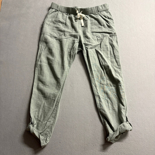 Roxy Linen Blend Pants Womens Large Green Drawstring Elastic Waist Roll Tab Hem