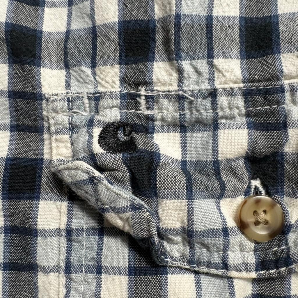 Carhartt Plaid Shirt Mens XXL Blue White Cotton Short Sleeve Button Down