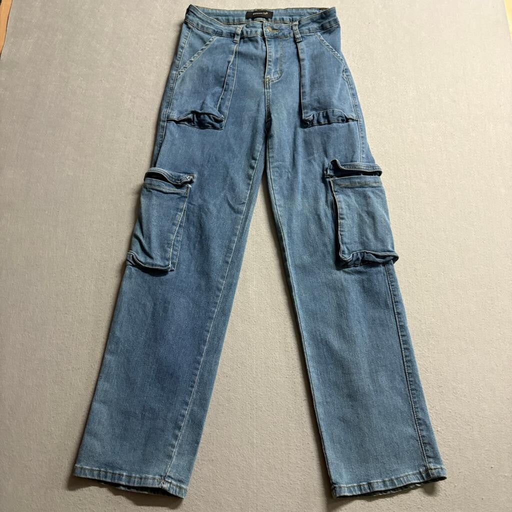 Between Us Women Cargo Jeans Size 9 Blue Denim High Rise Straight Leg Pants