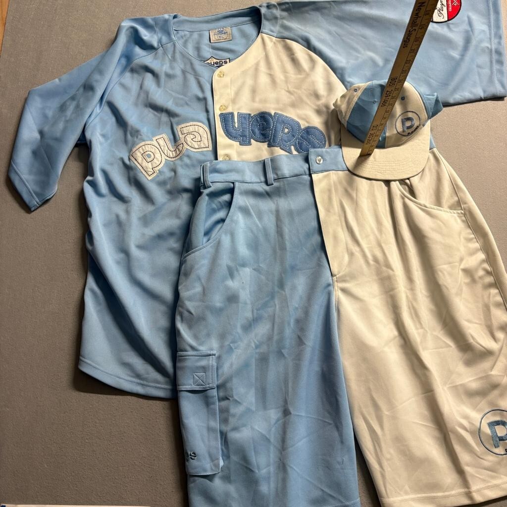 Players Brand Baseball Uniform Set Jersey Shorts Hat XL Sky Blue White 3 Piece