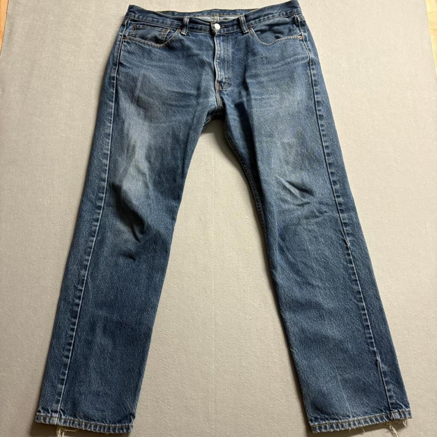 Levis 505 Regular Fit Jeans Mens 36x32 Blue Denim Straight Leg Distressed Hems