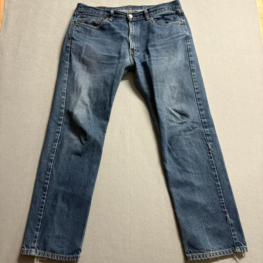 Levis 505 Regular Fit Jeans Mens 36x32 Blue Denim Straight Leg Distressed Hems