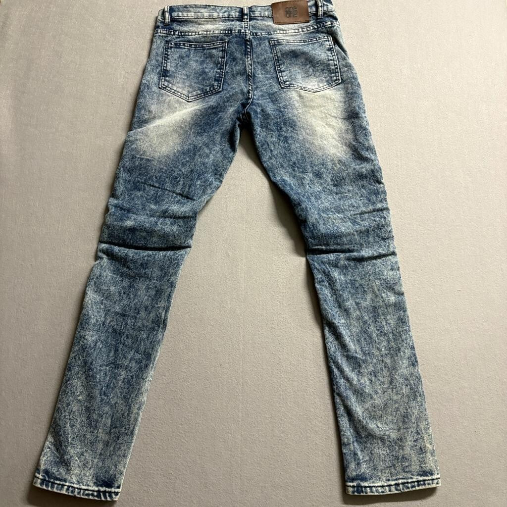 One Point One Biker Jeans Mens 18 Acid Wash Blue Denim Moto Ribbed Stretch