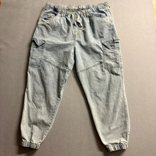 S.O.N.G. Denim Cargo Jogger Pants Mens 17/33 Light Wash Distressed Elastic Waist