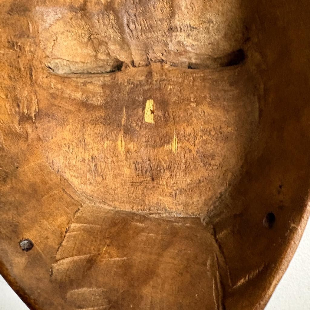 Vintage Hand Carved African Wooden Mask Baule Guro Style Birds Wall Hanging 14"