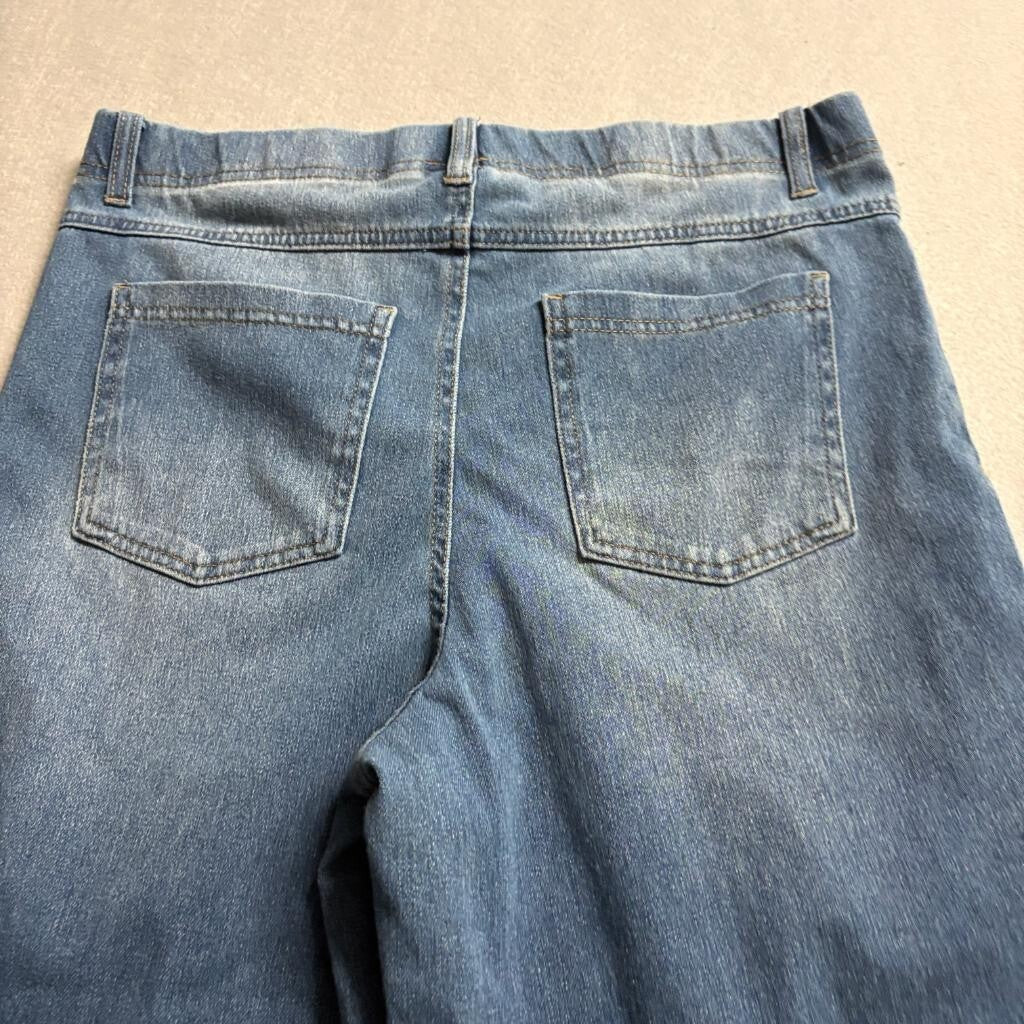 Serra Women Blue Denim Wide Leg Crop Pants Size L Pull On Stretch Raw Hem