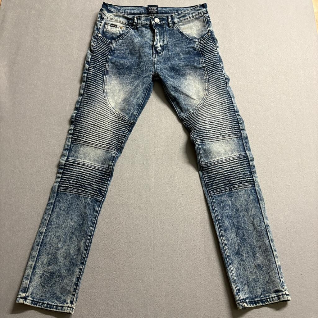 One Point One Biker Jeans Mens 18 Acid Wash Blue Denim Moto Ribbed Stretch