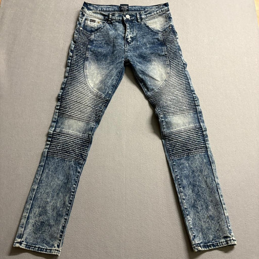 One Point One Biker Jeans Mens 18 Acid Wash Blue Denim Moto Ribbed Stretch