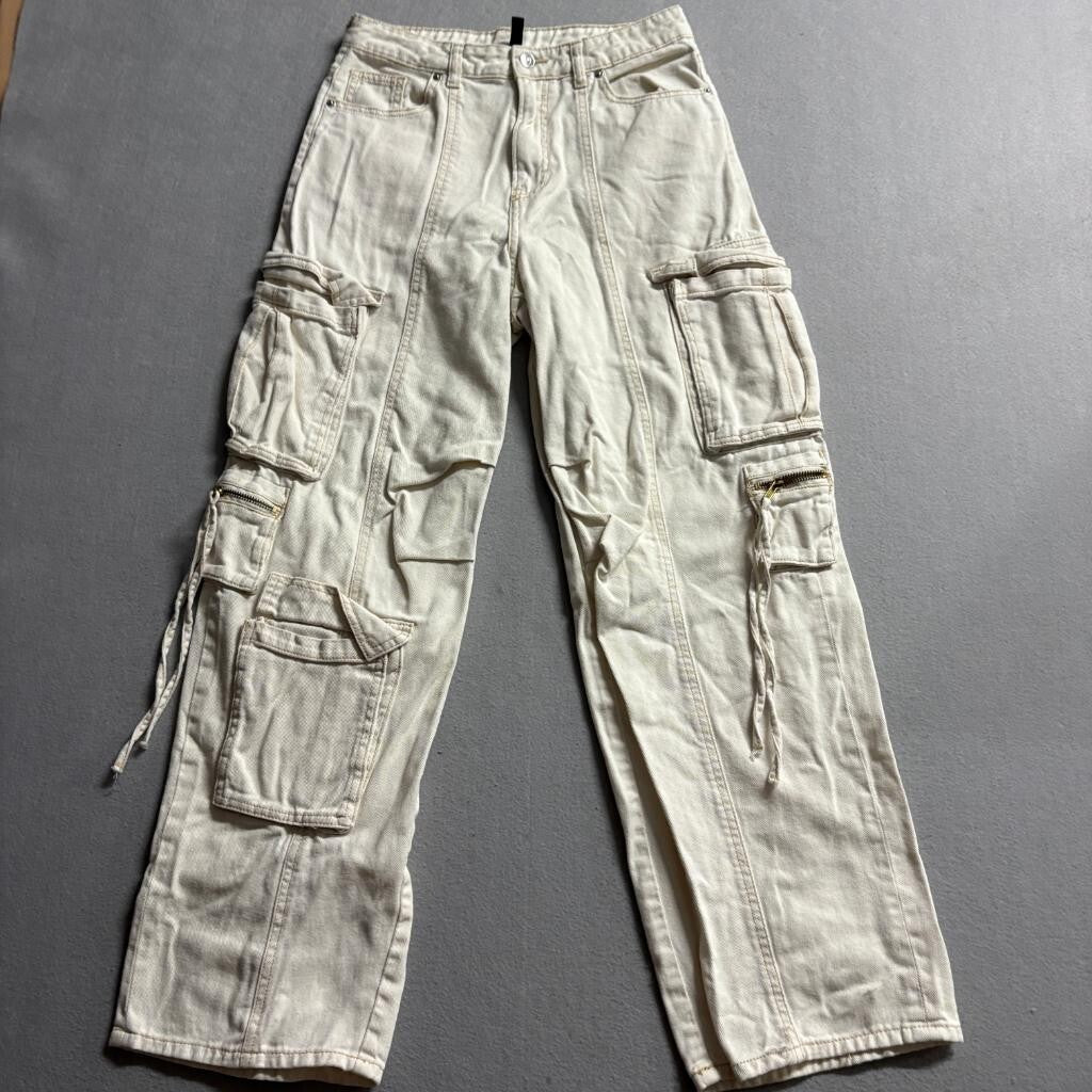 H&M Divided Women's Beige Denim Cargo Pants Size 4 Wide Leg Utility Y2K Gorpcore