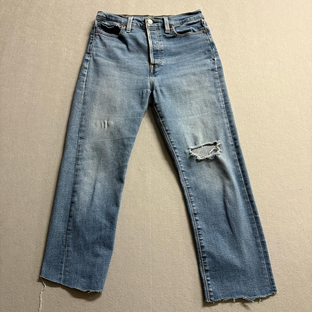Levis Wedgie Straight Jeans Womens 29 Blue Distressed Raw Hem High Rise Denim