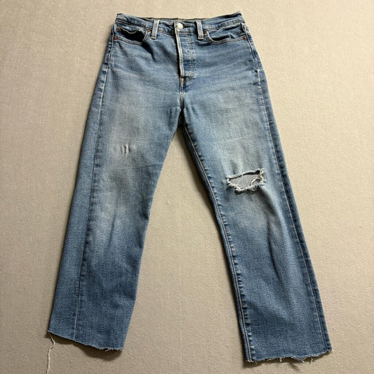 Levis Wedgie Straight Jeans Womens 29 Blue Distressed Raw Hem High Rise Denim