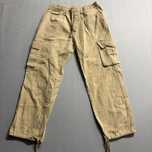 Unbranded Mens Cargo Pants Size L Beige Twill Elastic Waist Drawstring Hem