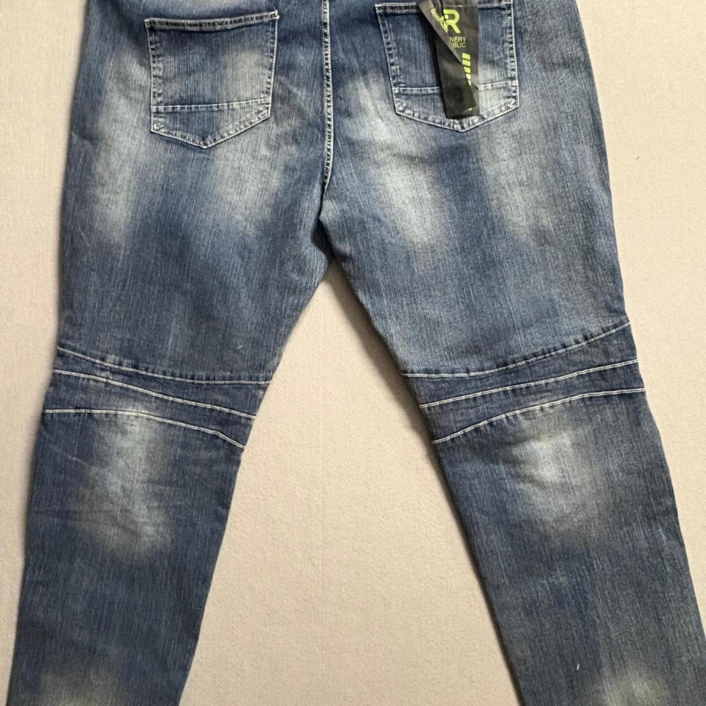 Refinery Republic Moto Jeans Mens 46 Blue Distressed Paint Splatter Biker Denim