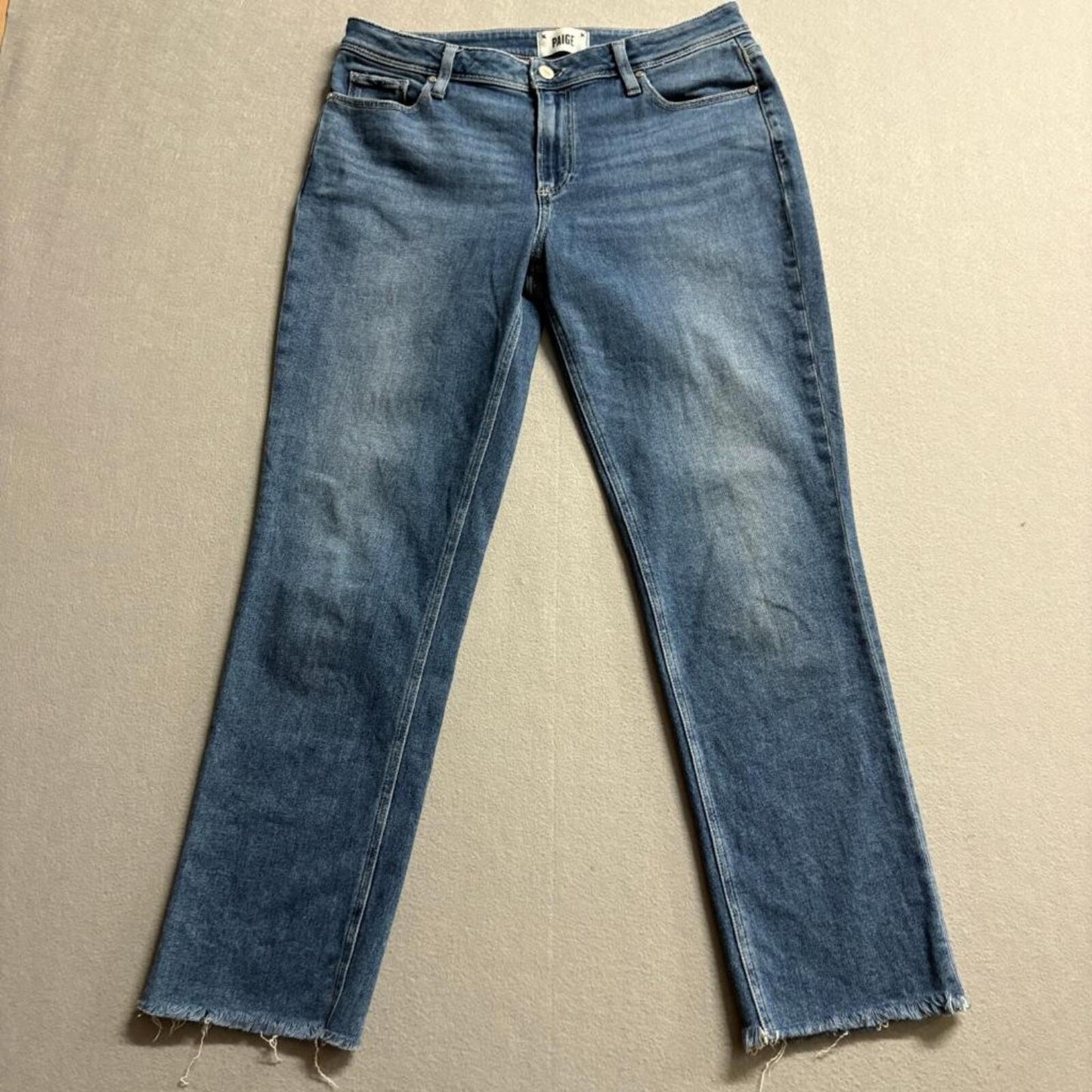 Paige Brigitte Crop Jeans Womens 29 Blue Denim Raw Hem Straight Leg Stretch