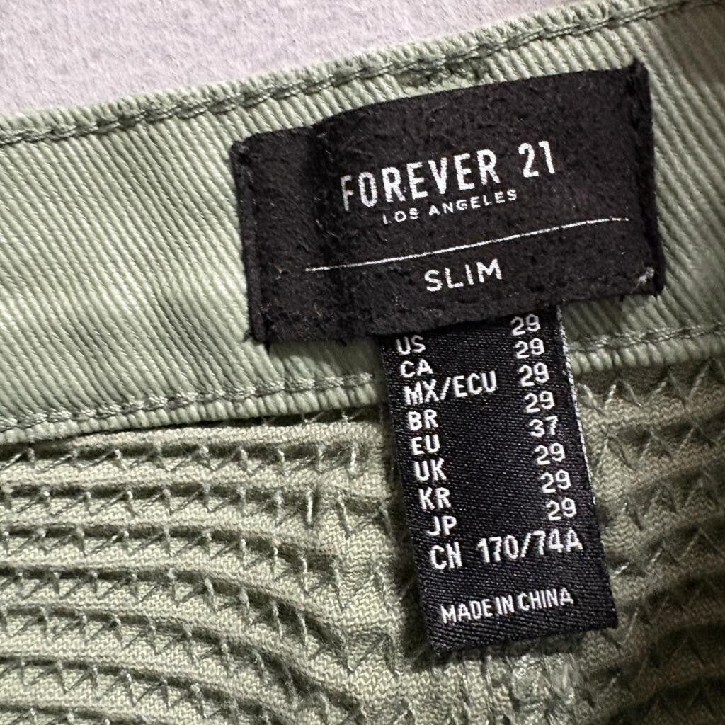 Forever 21 Slim Biker Jeans Mens 29 Olive Green Moto Ribbed Denim Pants