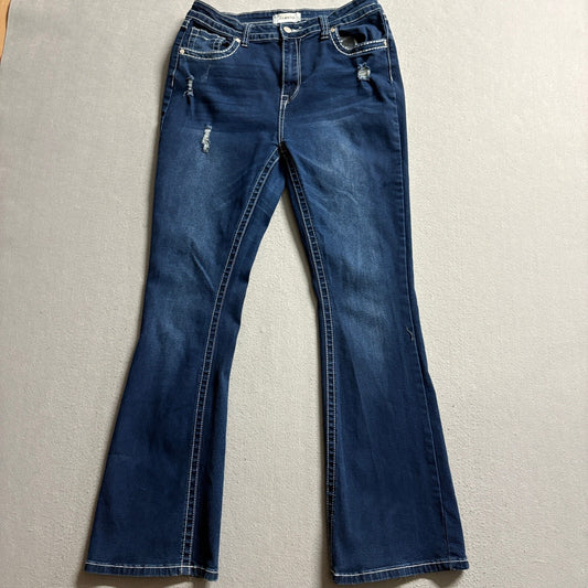 Bamboo Jeans Womens Size 15 Distressed Bootcut Flare Dark Wash Stretch Denim