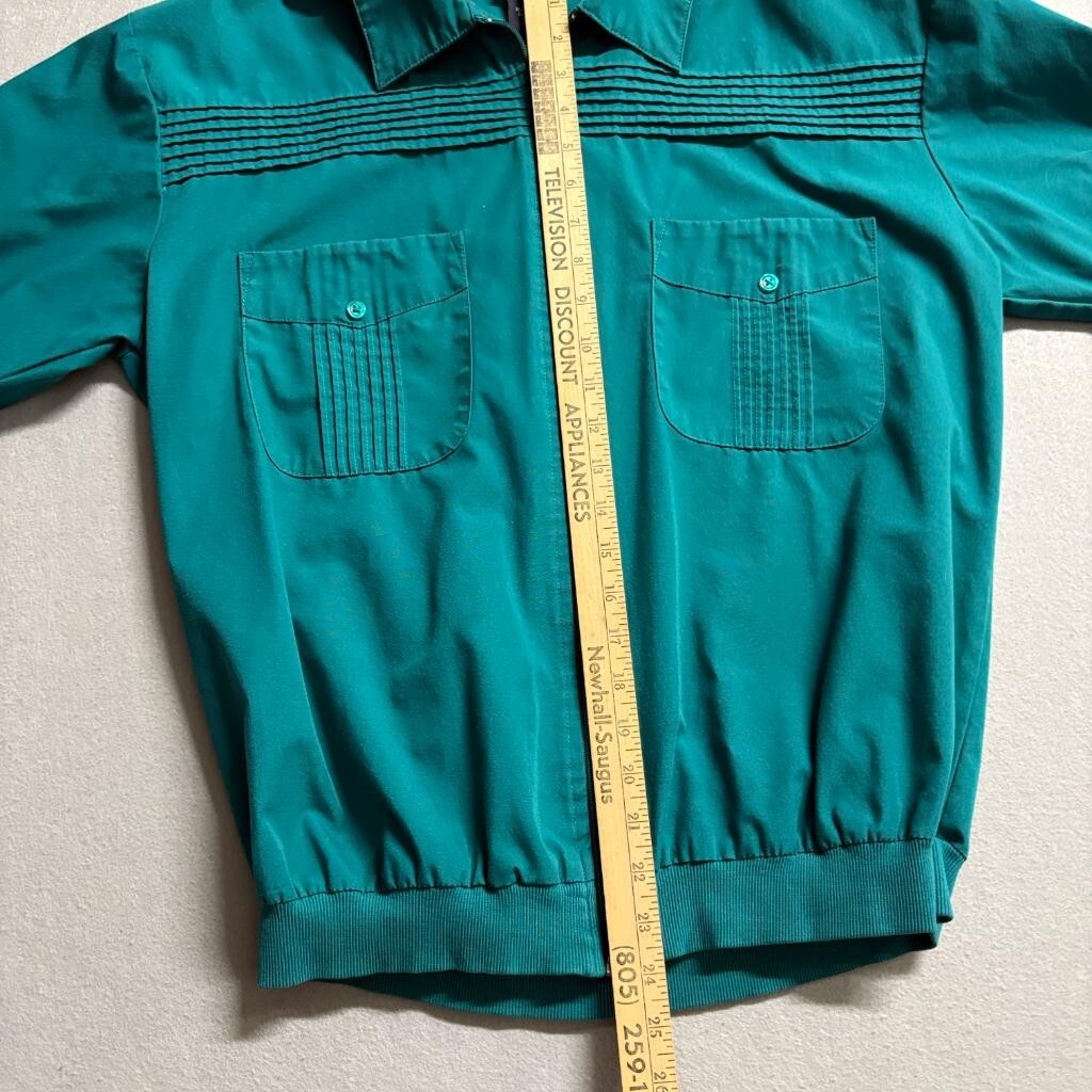John Blair Mens Medium Green Short Sleeve Zip Up Guayabera Style Bomber Shirt