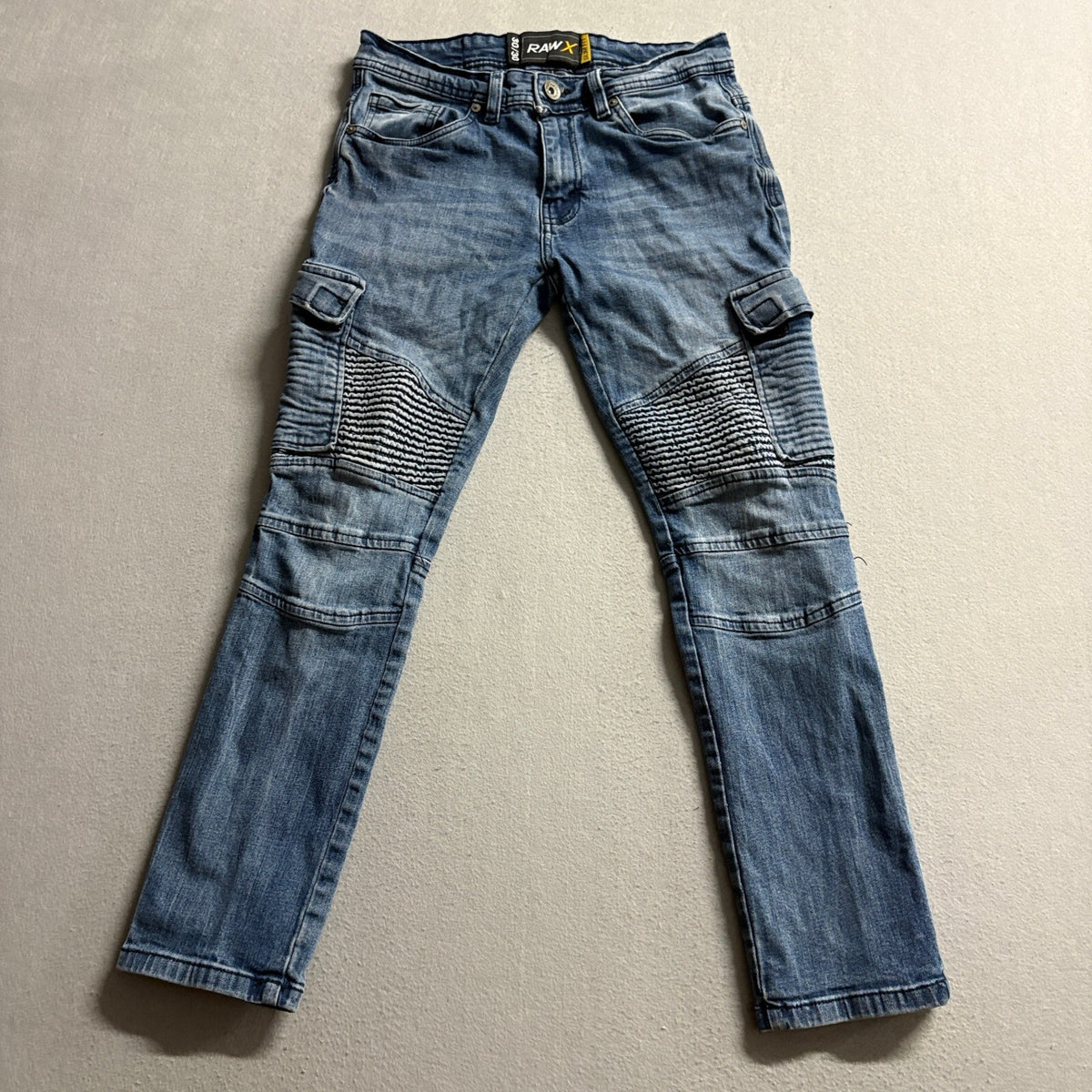 Raw X Moto Jeans Mens 30x30 Blue Denim Slim Fit Ribbed Biker Cargo Pants