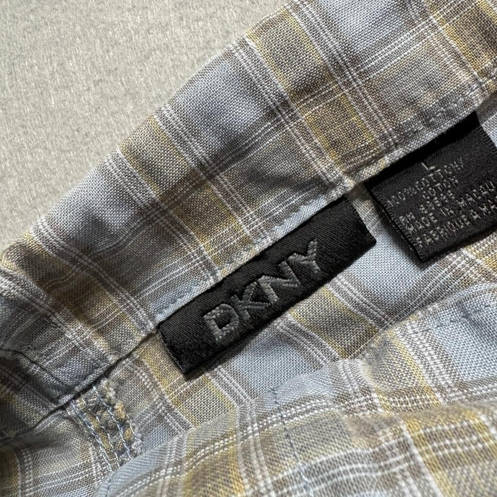 DKNY Mens Plaid Pajama Shorts Large Blue Tan Cotton Drawstring Lounge Sleepwear