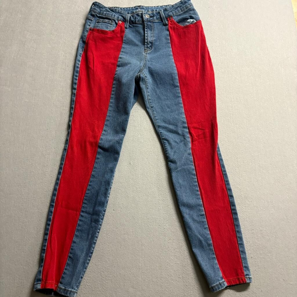 New York & Company Colorblock Jeans Womens 12 Blue Red Stripe Skinny Denim