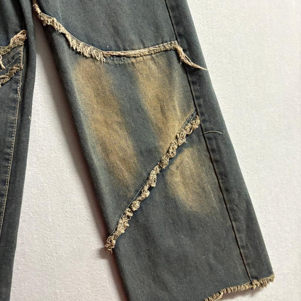 Unbranded Distressed Patchwork Wide Leg Jeans Womens Size S Gray Denim Fringe