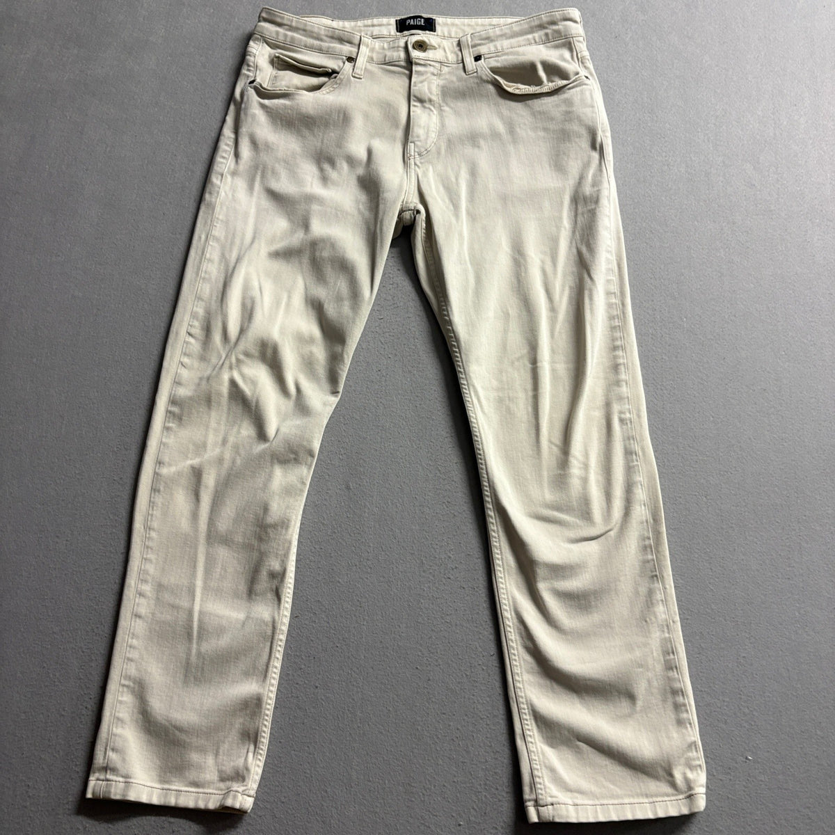 Paige Federal Slim Straight Jeans Mens 33 Beige Tan Stretch Denim Made in USA