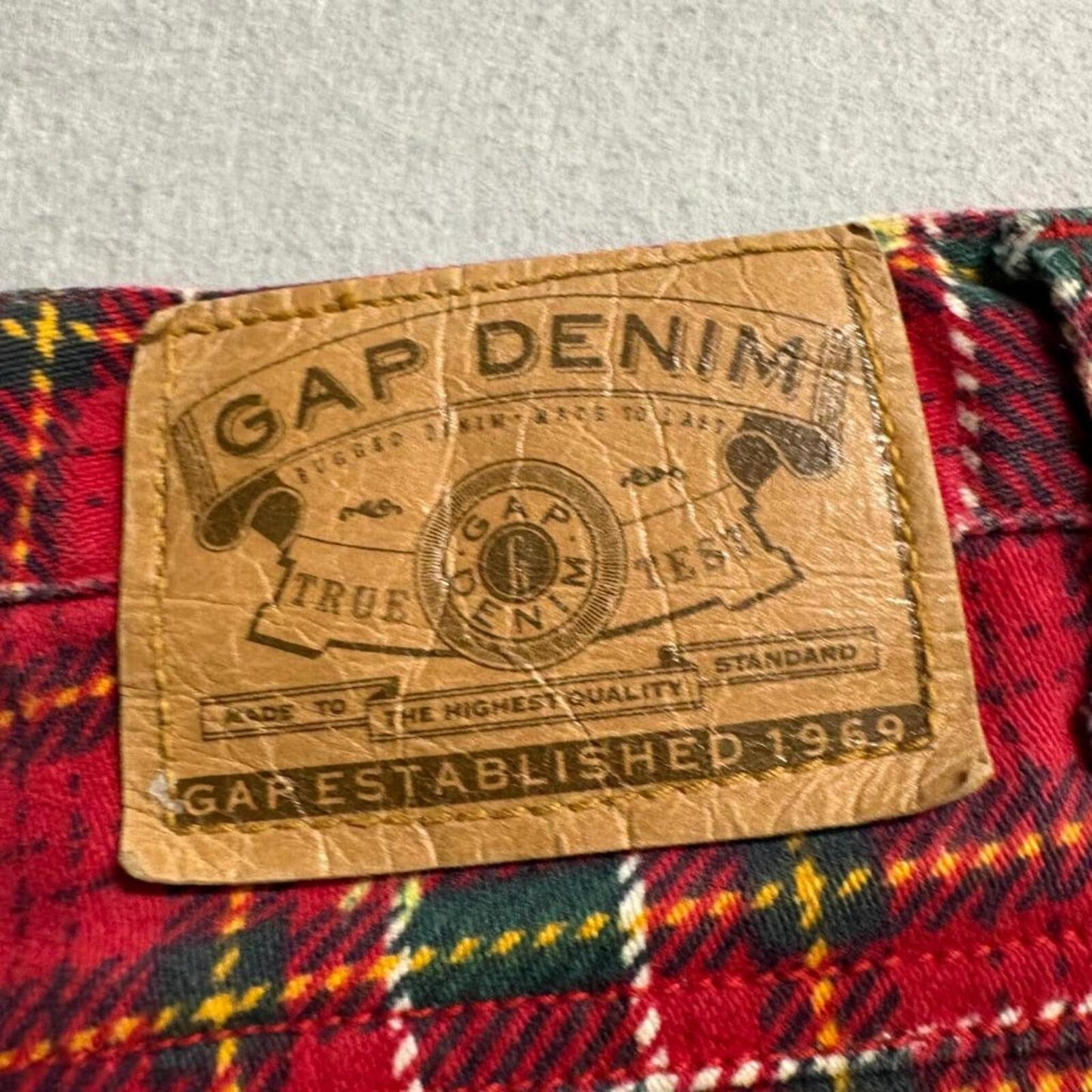 Vintage Gap Denim Plaid Floral Jeans Womens 26 Red Tartan Rose Print 90s