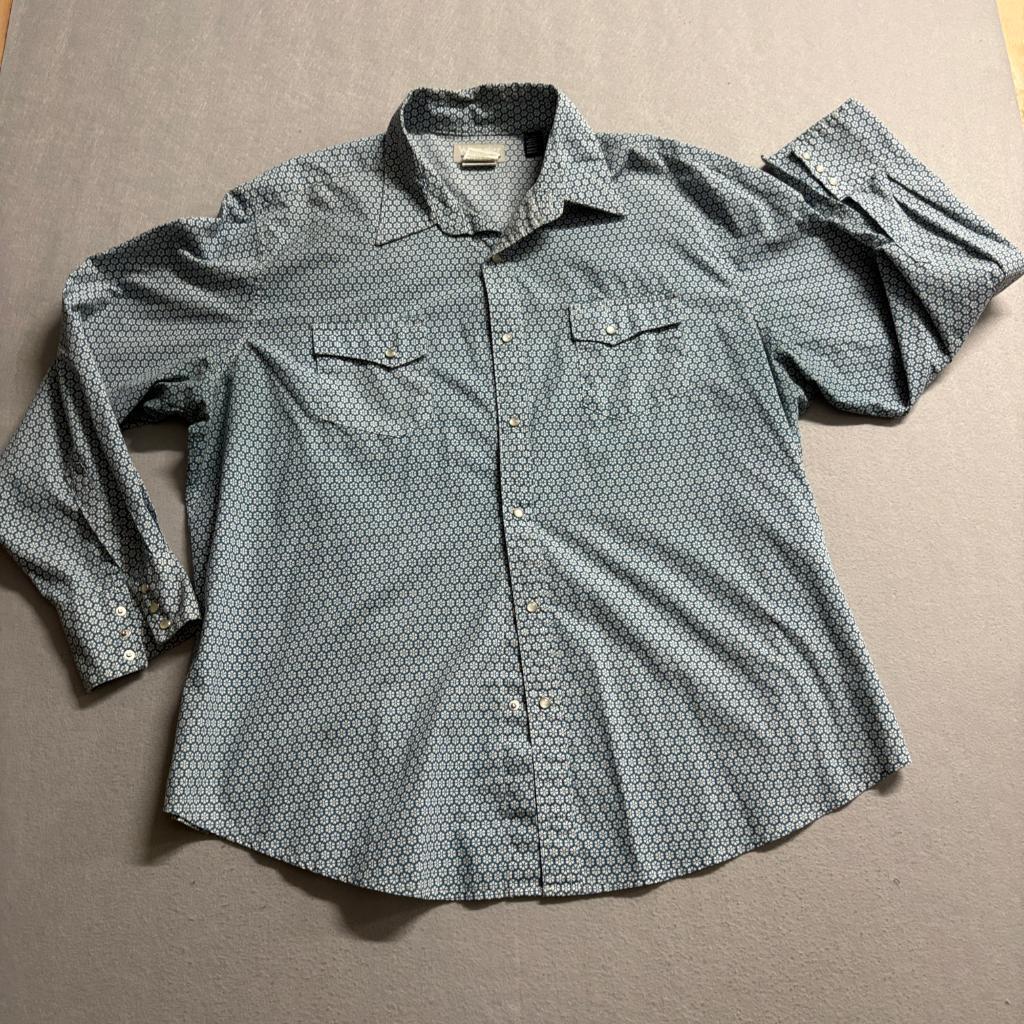 Wrangler Wrancher Western Shirt Mens XXL Blue Geometric Pearl Snap Long Sleeve