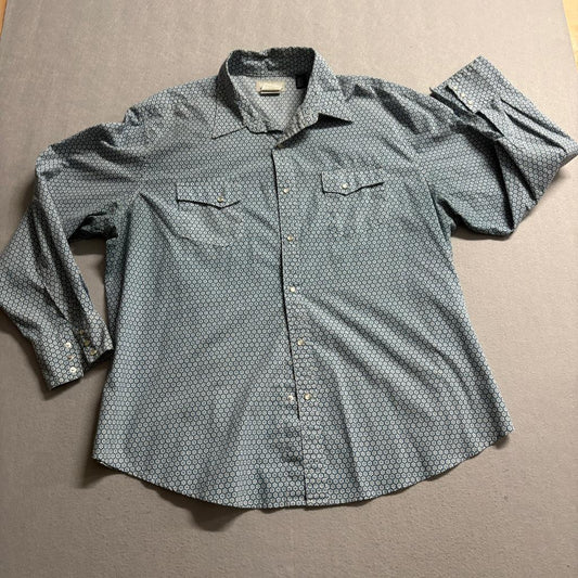 Wrangler Wrancher Western Shirt Mens XXL Blue Geometric Pearl Snap Long Sleeve
