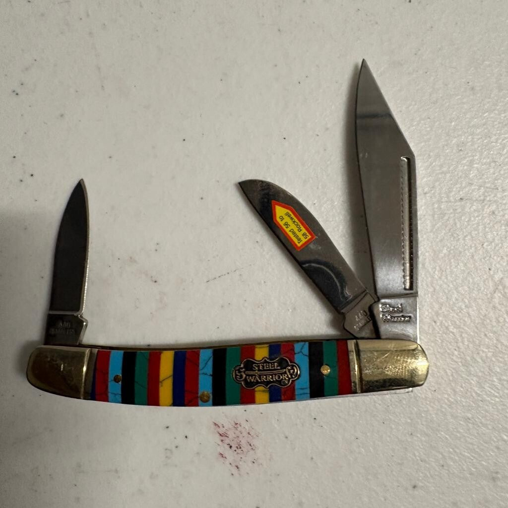 Steel Warrior 3 Blade Pocket Knife Multi Color Striped Handle 440 Stainless